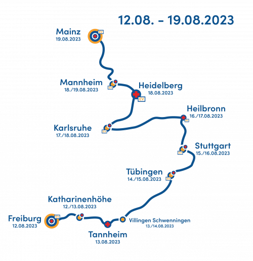Strecke der Regenbogenfahrt 2023 von Mainz nach Freiburg